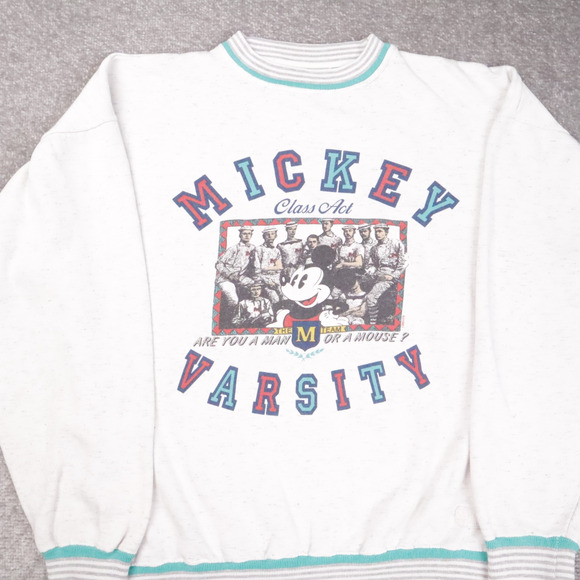 Vintage 90s Disney Mickey Varsity XL Gray Long Sleeve Pullover Sweatshirt - Picture 6 of 10